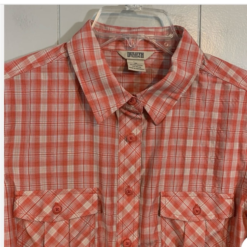 Duluth Trading Co Women’s orange plaid long sleeve button up shirt. Size‎ L - Picture 3 of 10